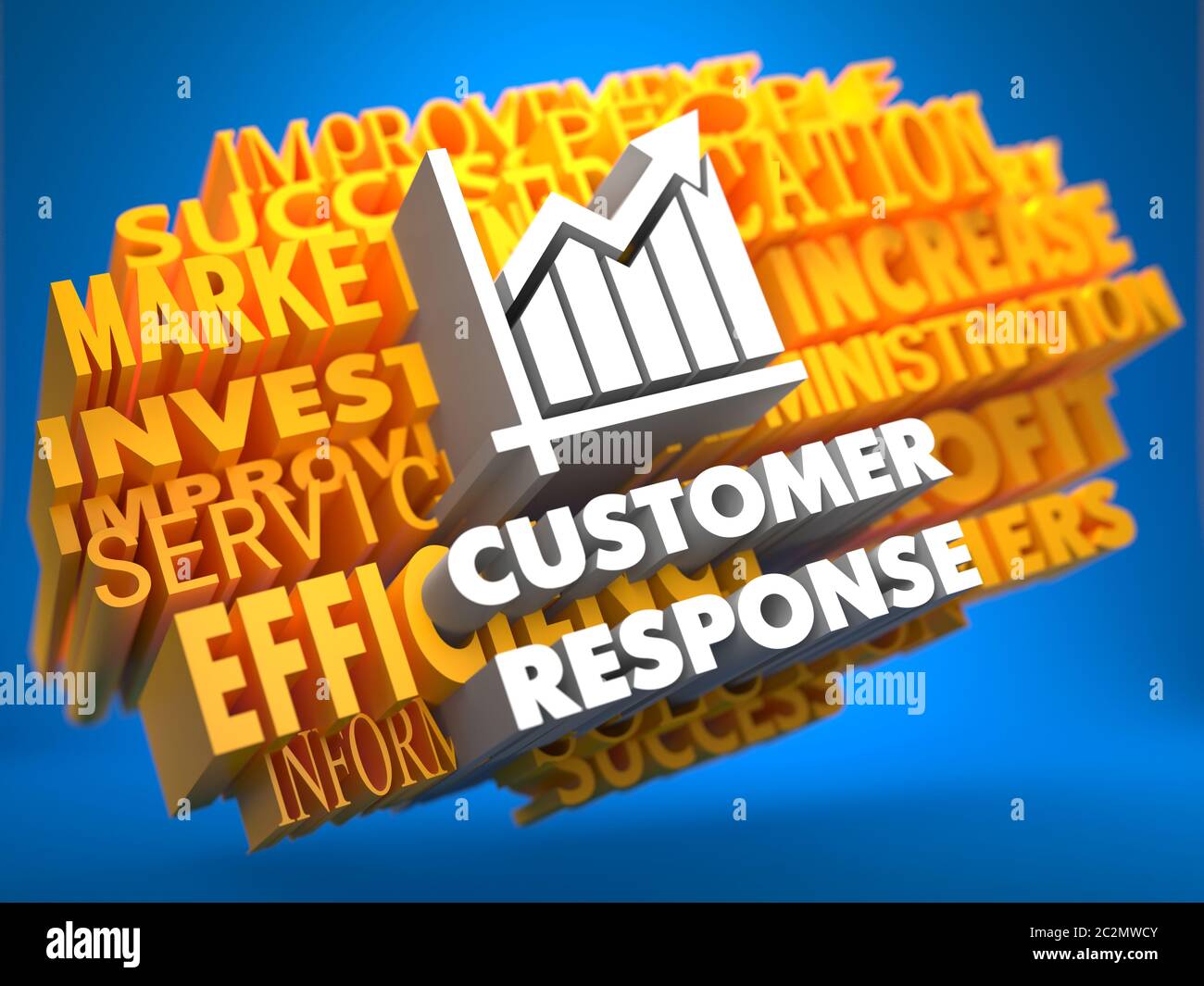 Risposta del cliente con crescita Icona grafico su WordCloud giallo su sfondo blu. Foto Stock