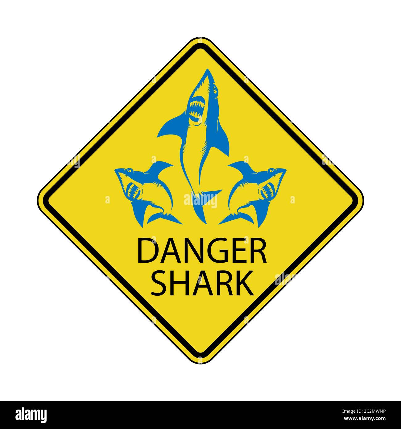 Zona di squalo di pericolo. Attenzione agli squali. Cartello di avvertenza giallo quadrato. Vita marina pericolosa. Nuota a proprio rischio. Area ad alto rischio. Foto Stock