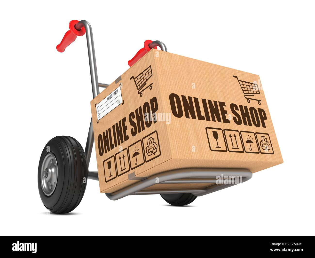 Scatola di cartone con Online Shop slogan sul carrello a mano sullo sfondo bianco. Foto Stock