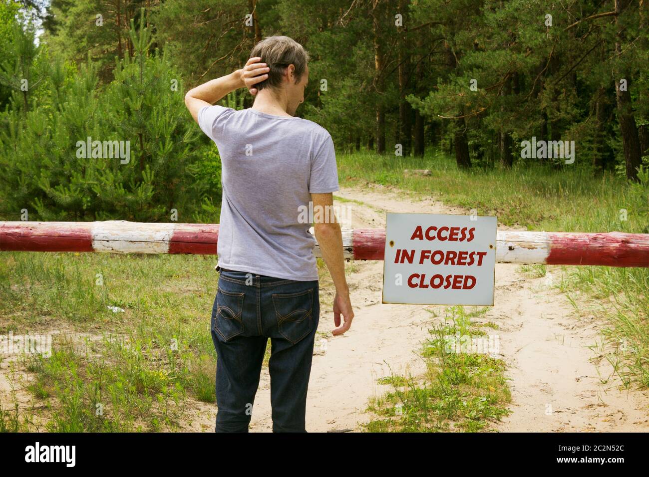 L'uomo si trova di fronte a una barriera nella foresta Foto Stock
