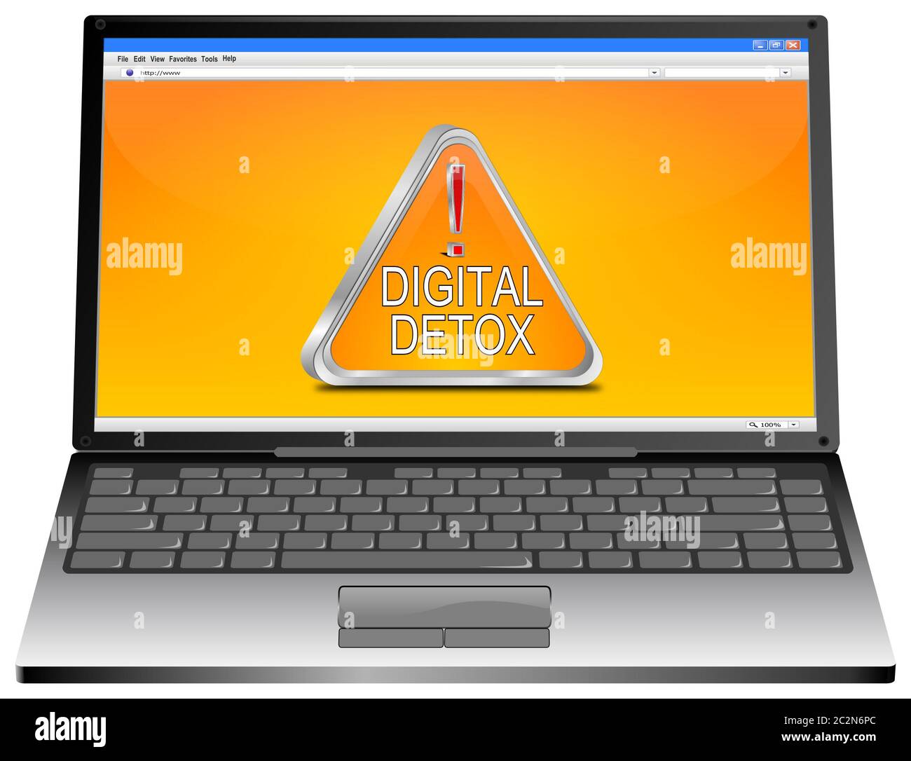 Computer portatile con pulsante Detox digitale arancione sul desktop arancione - illustrazione 3D Foto Stock