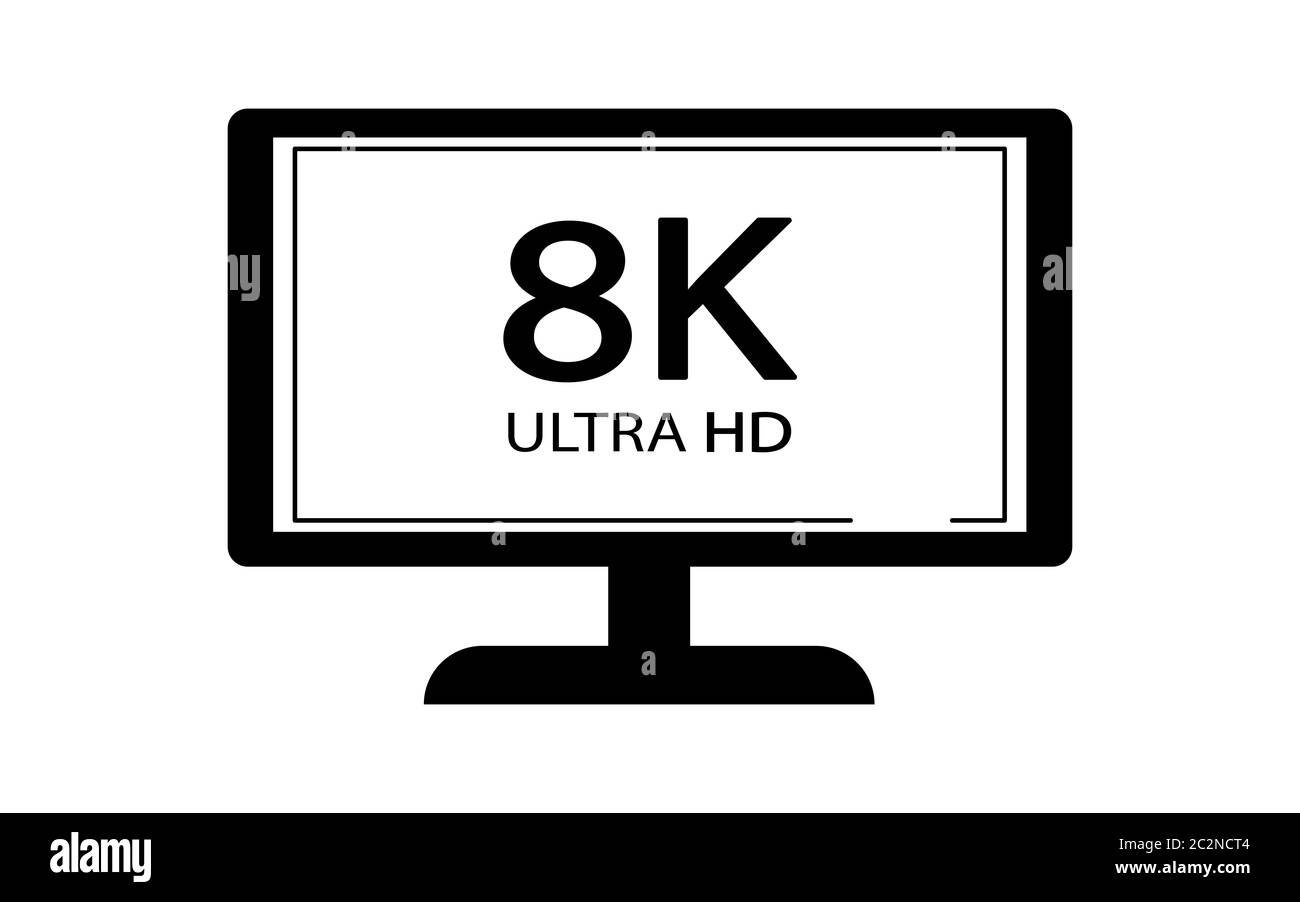 Icone di risoluzione video o video in bianco, nero e dorato. Impostare da 1080p a 8k. 8K UHD è la risoluzione più elevata definita nello standard Rec. 2020. Foto Stock