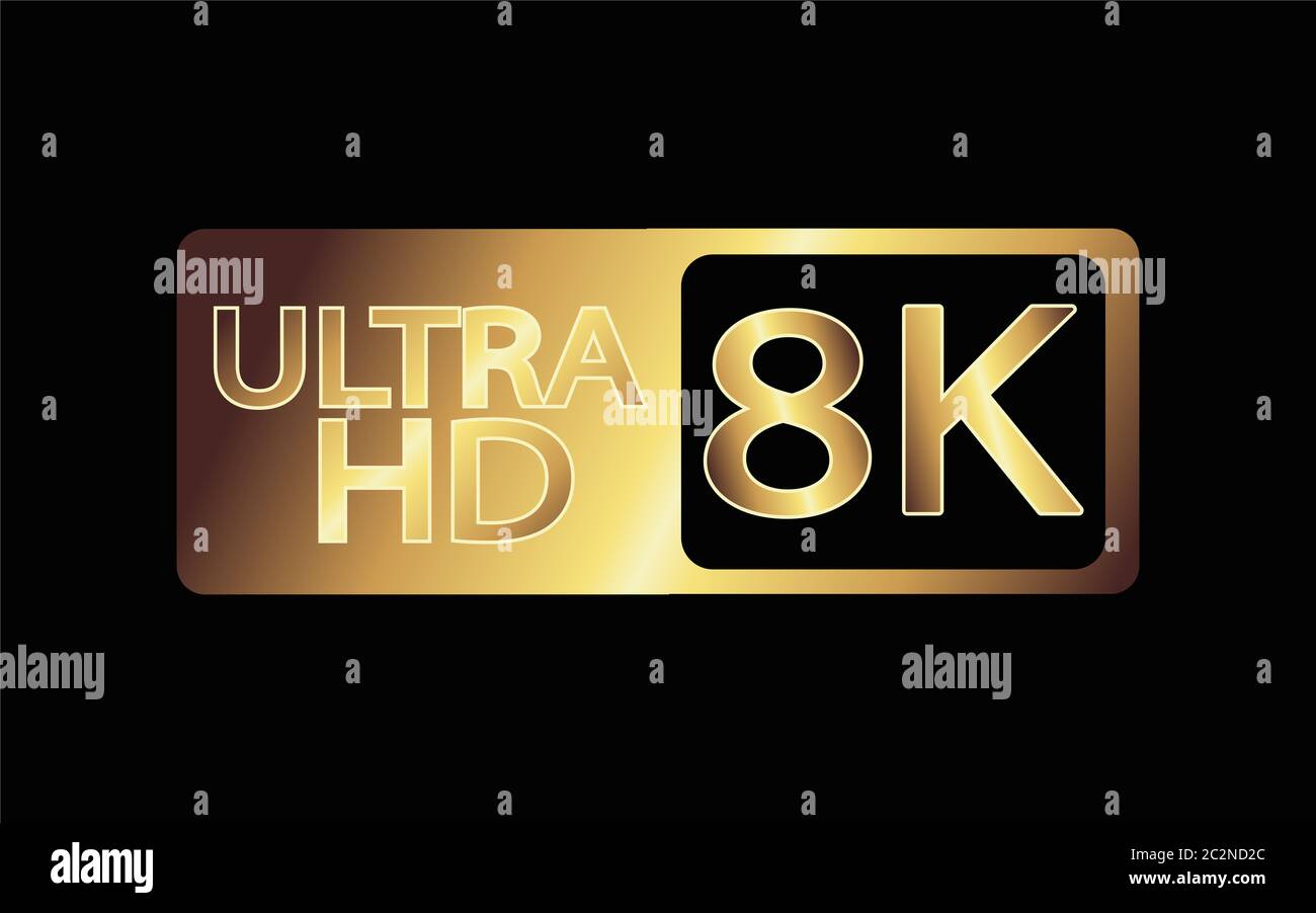 Icone di risoluzione video o video in bianco, nero e dorato. Impostare da 1080p a 8k. 8K UHD è la risoluzione più elevata definita nello standard Rec. 2020. Foto Stock