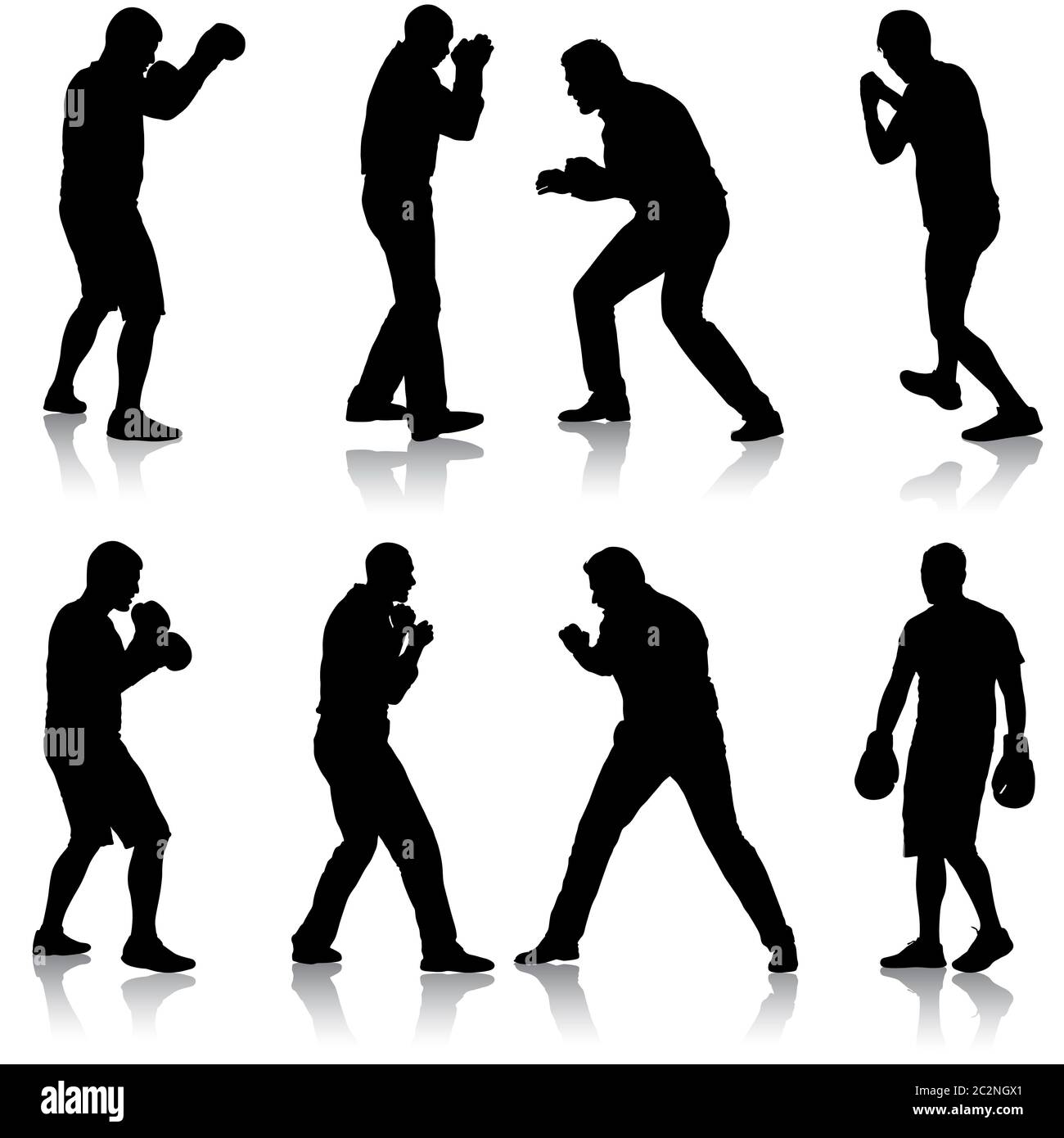 Set nero silhouette di un atleta boxer su sfondo bianco Foto Stock
