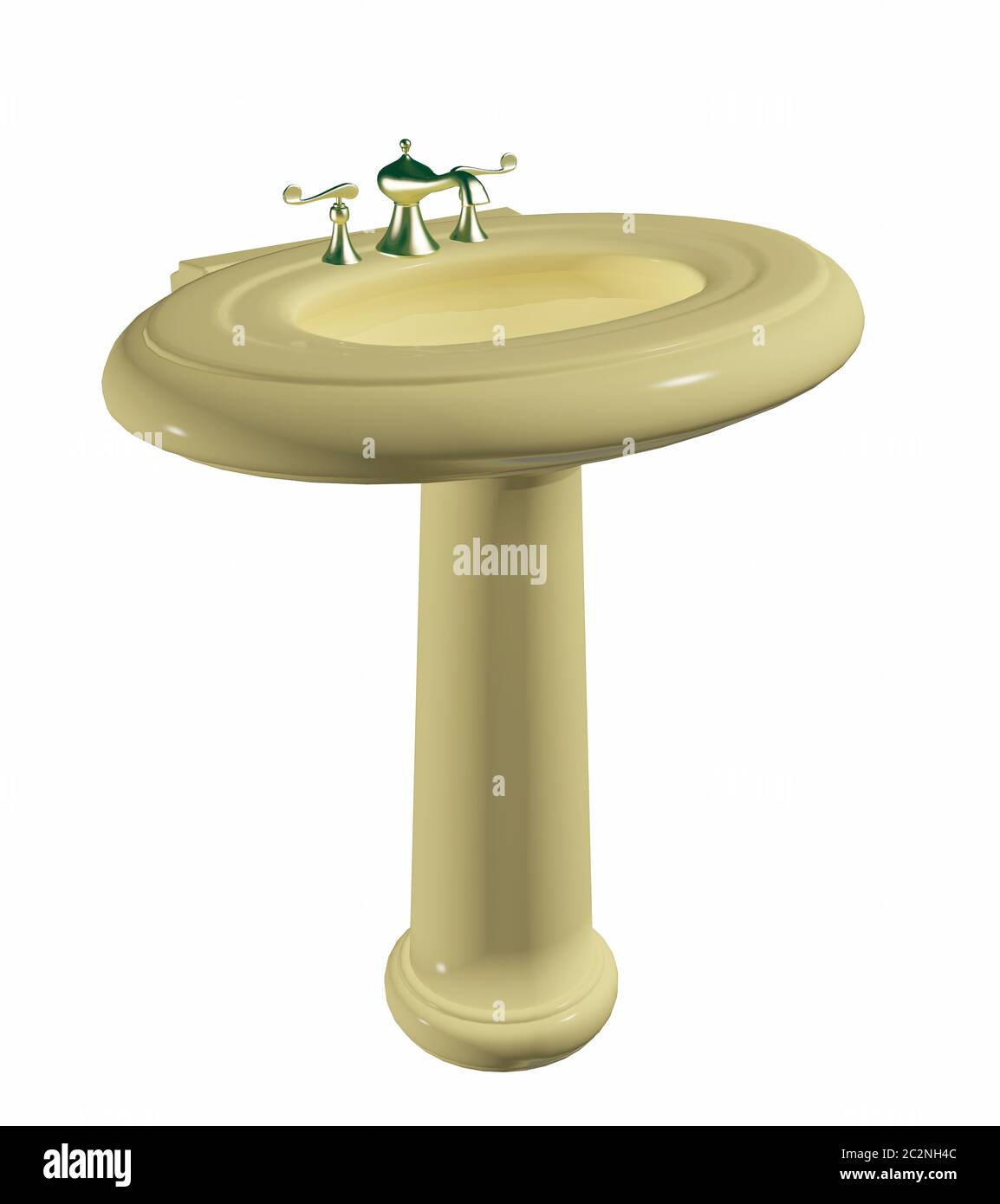 Moderno di color crema lavabo o lavello su un cavalletto, con rubinetto dorati, isolata contro uno sfondo bianco Foto Stock