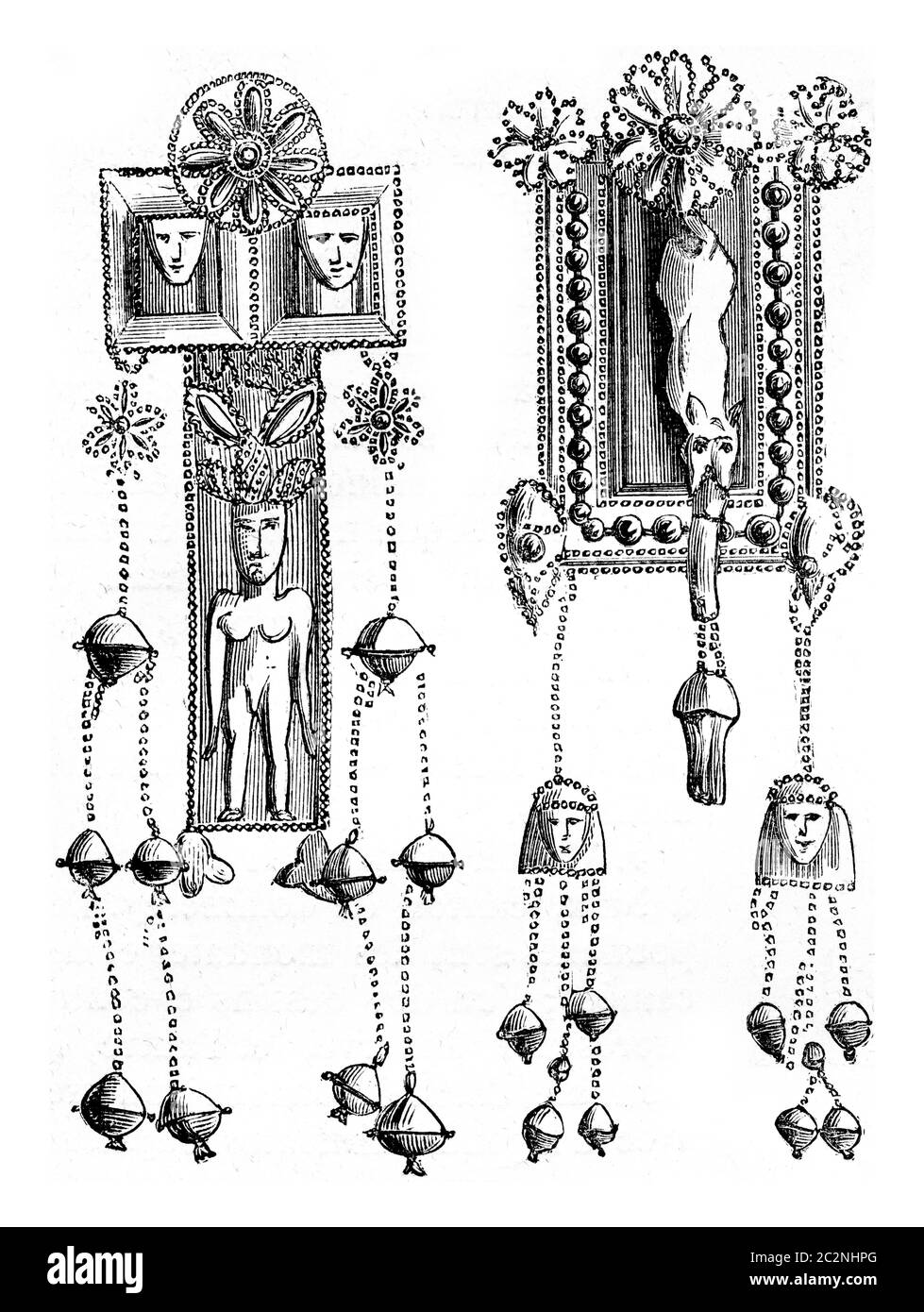 Antichi orecchini fenici credevano egiziani di origine artistica, probabilmente scambiati attraverso Kameiros, Rodi in Grecia, conservati al Louvre Mu Foto Stock