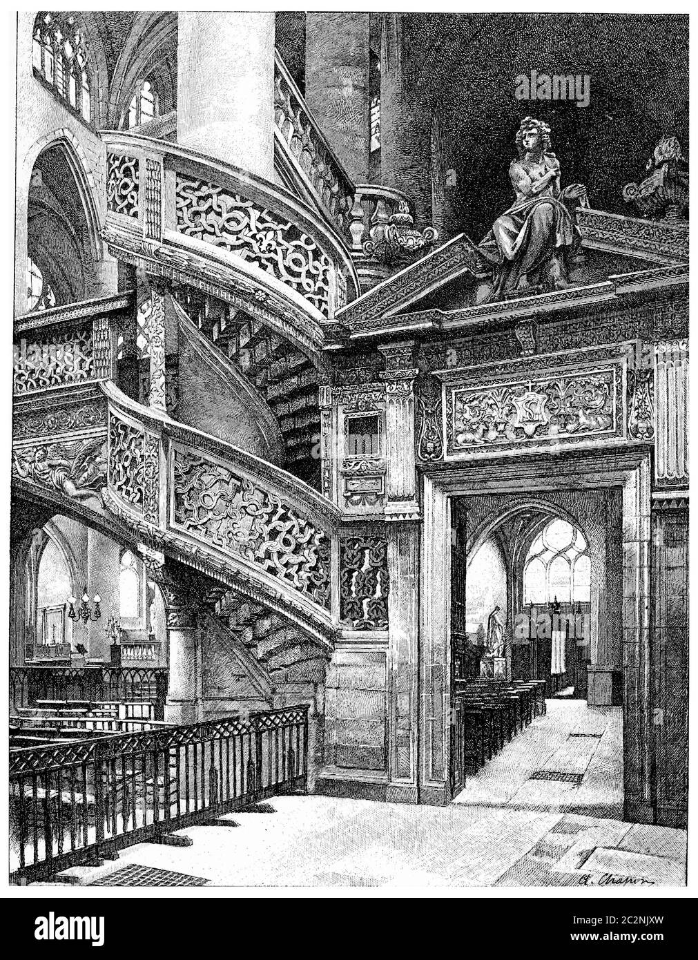 Porta laterale della galleria di St-Etienne Monte, immagine d'epoca incisa. Parigi - Auguste VITU – 1890. Foto Stock