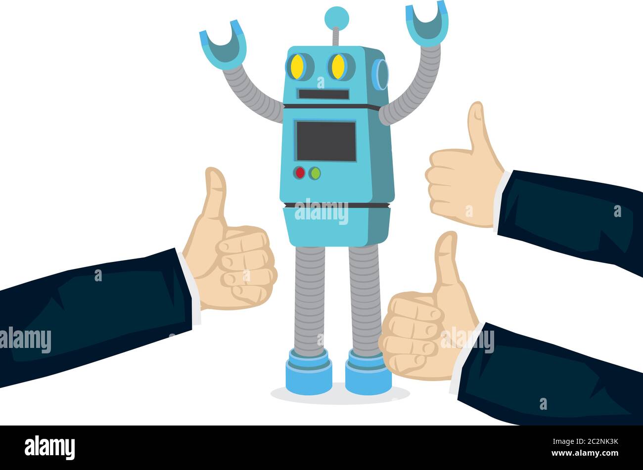 Robot ottenere lodi per fare un buon lavoro. Concetto di automazione o della futura forza lavoro aziendale. Illustrazione vettoriale isolata in piano Illustrazione Vettoriale