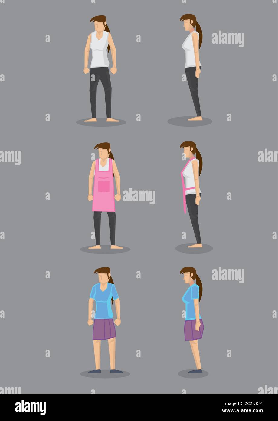 Illustrazione vettoriale di abbigliamento casual confortevole per le donne per attività diverse. Modelli nella vista frontale e del profilo. Illustrazione Vettoriale