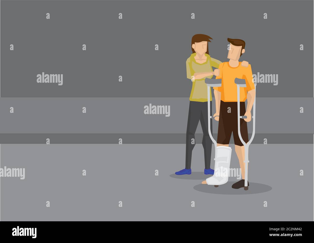 Illustrazione vettoriale di una donna utile che dà sostegno all'uomo con crutch e gamba in calco di gesso. Illustrazione Vettoriale