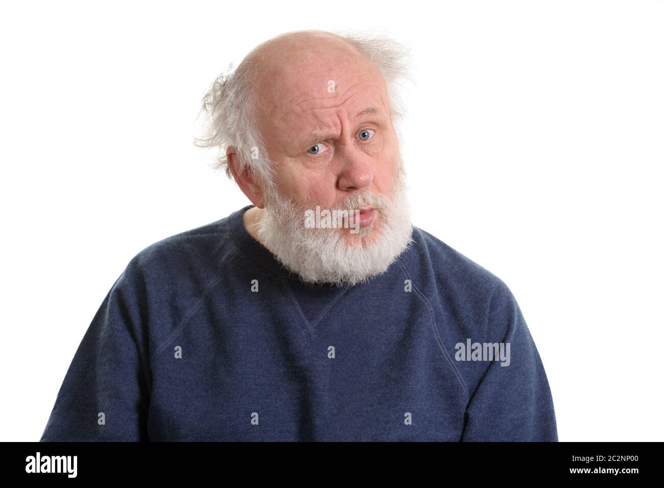 Perplesso senior uomo ritratto isolato su bianco Foto Stock