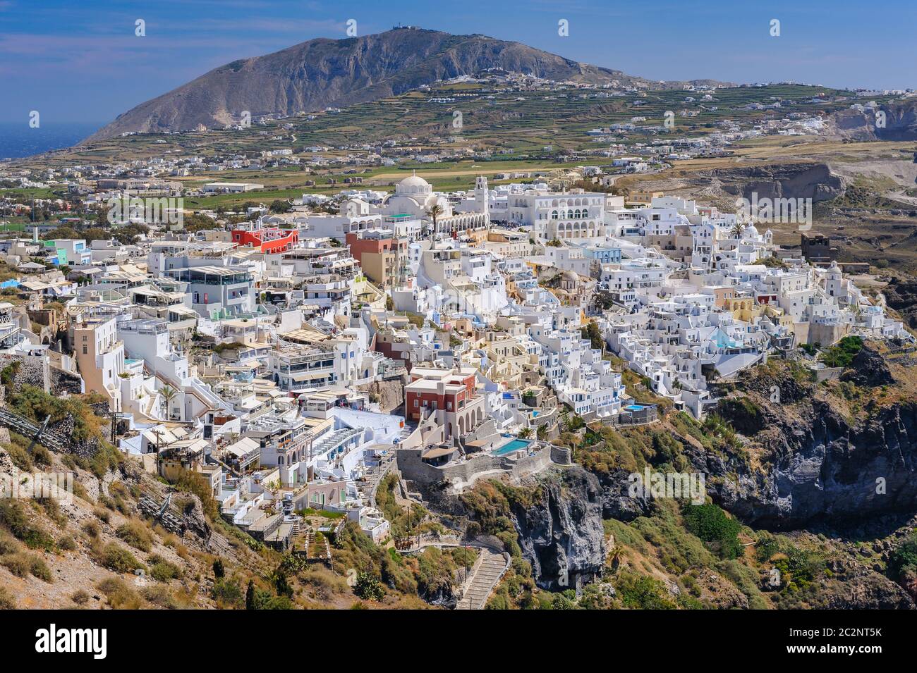 Fira village Bird view a Santorini Island, Grecia Foto Stock