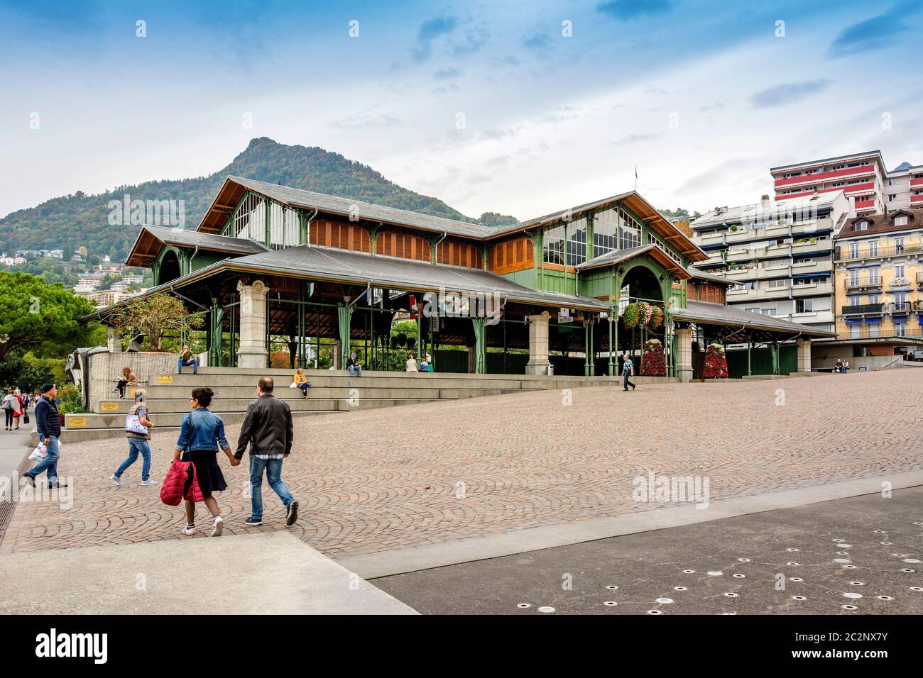 Mercato a Montreux. Place du Marche. Cantone di Vaud. Svizzera Foto Stock