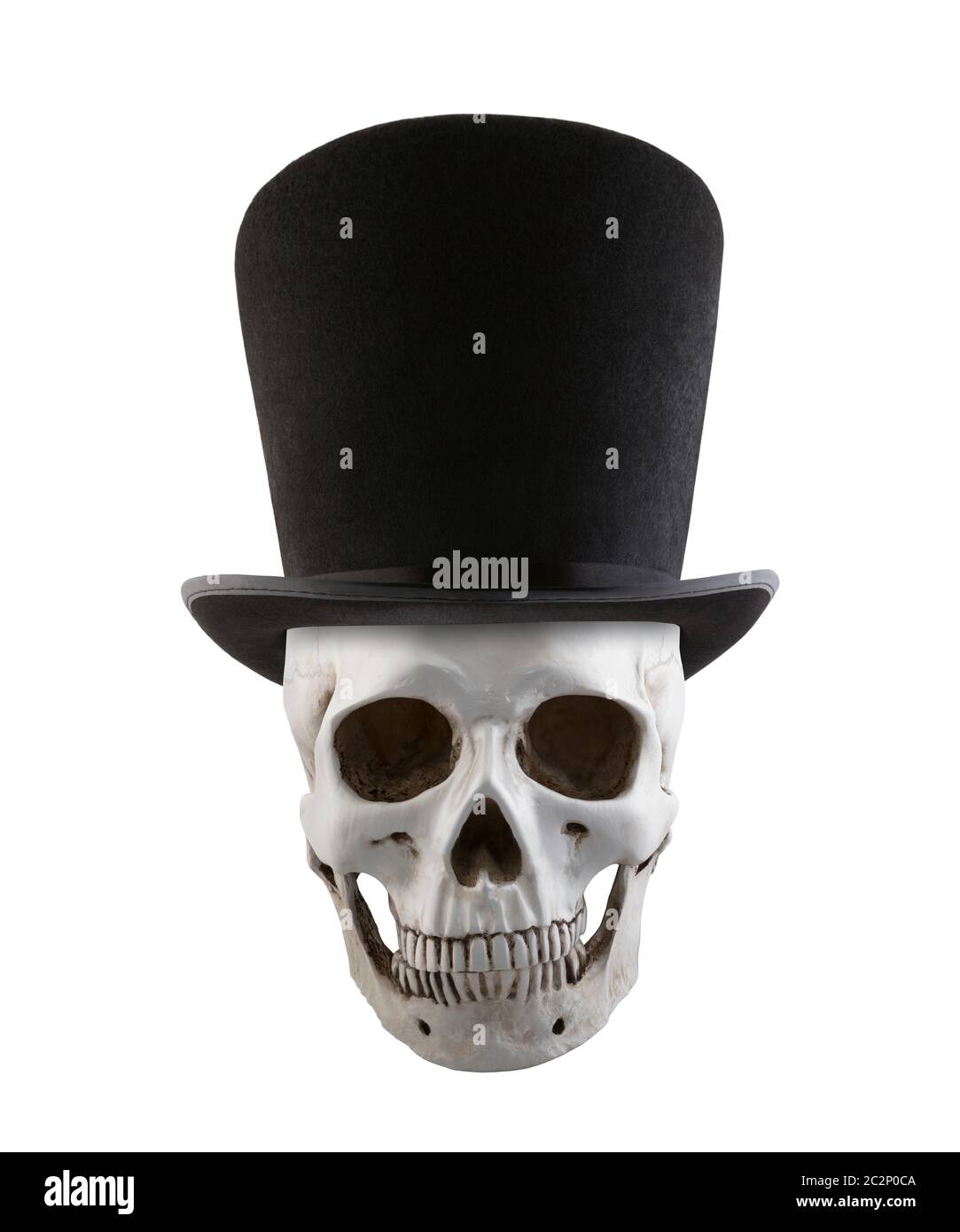 Cranio umano con extra neri alti vintage top hat isolati su sfondo bianco Foto Stock