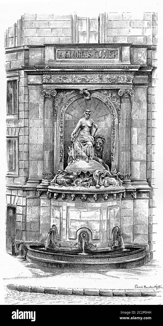 Fontana Cuvier, illustrazione vintage incisa. Parigi - Auguste VITU – 1890. Foto Stock