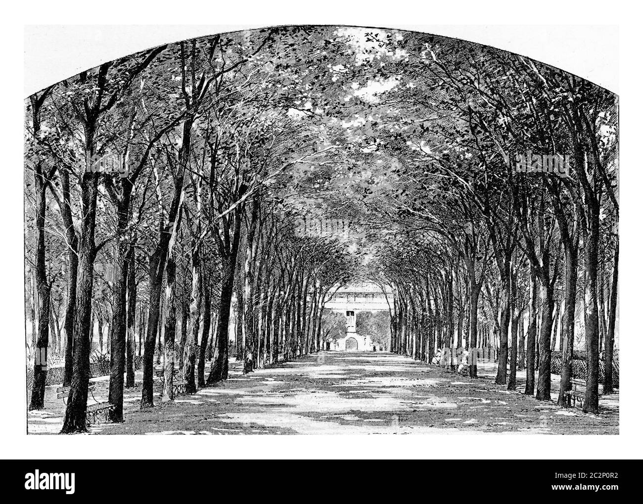 Parco di fronte all'ospedale Pitie-Sampetriere di Parigi, Francia. Incisione vintage. Foto Stock