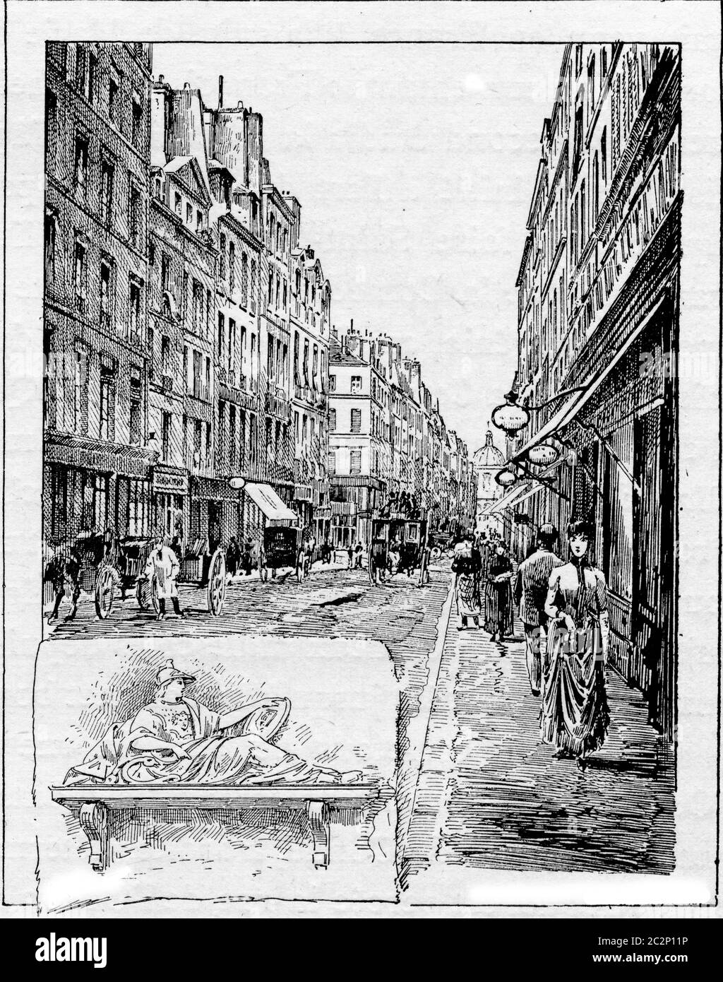 Antica strada che nel 1688 divenne Rue de la Comedie, a Parigi, Francia. Una scultura della dea romana Minerva si trova in Rue de la come, n.14 Foto Stock