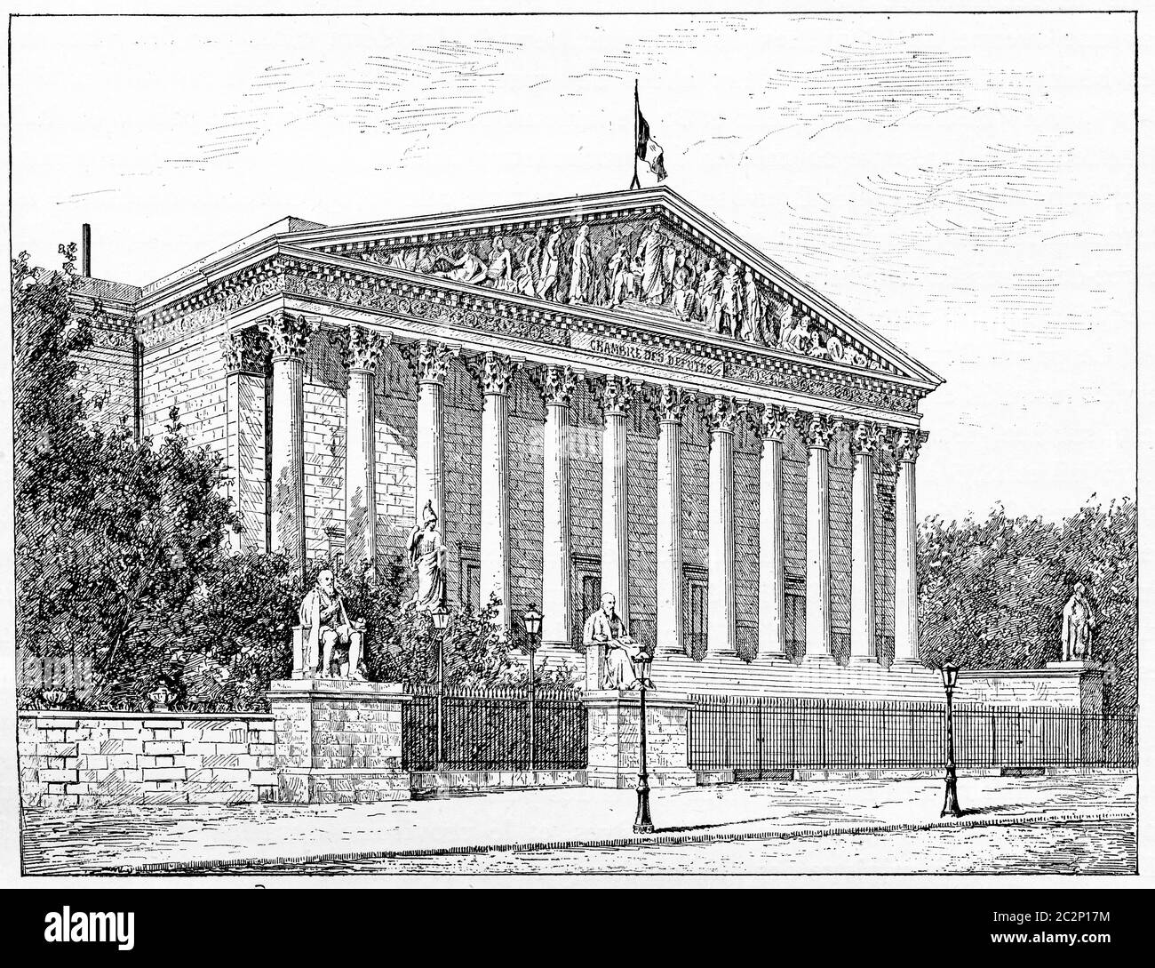 Camera dei deputati, Peristilio del Palais Bourbon di fronte al molo, illustrazione d'epoca incisa. Parigi - Auguste VITU – 1890. Foto Stock