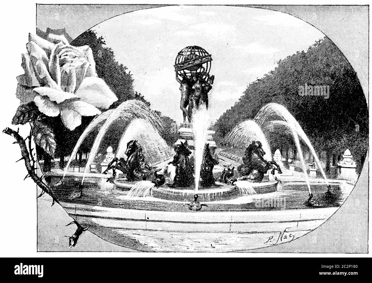 Fontana Fremiet e Carpeaux, illustrazione vintage incisa. Parigi - Auguste VITU – 1890. Foto Stock