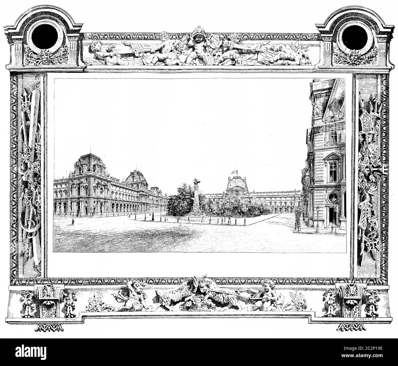Il Louvre visto da Place du Carrousel, illustrazione d'epoca incisa. Parigi - Auguste VITU – 1890. Foto Stock
