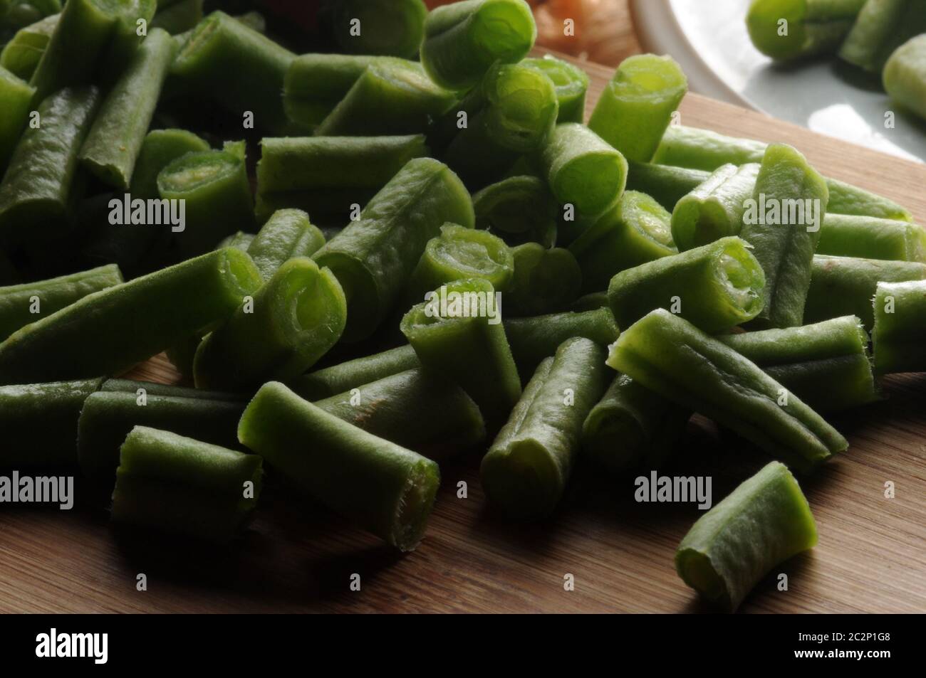 Fagioli verdi non cotti e tagliati Foto Stock