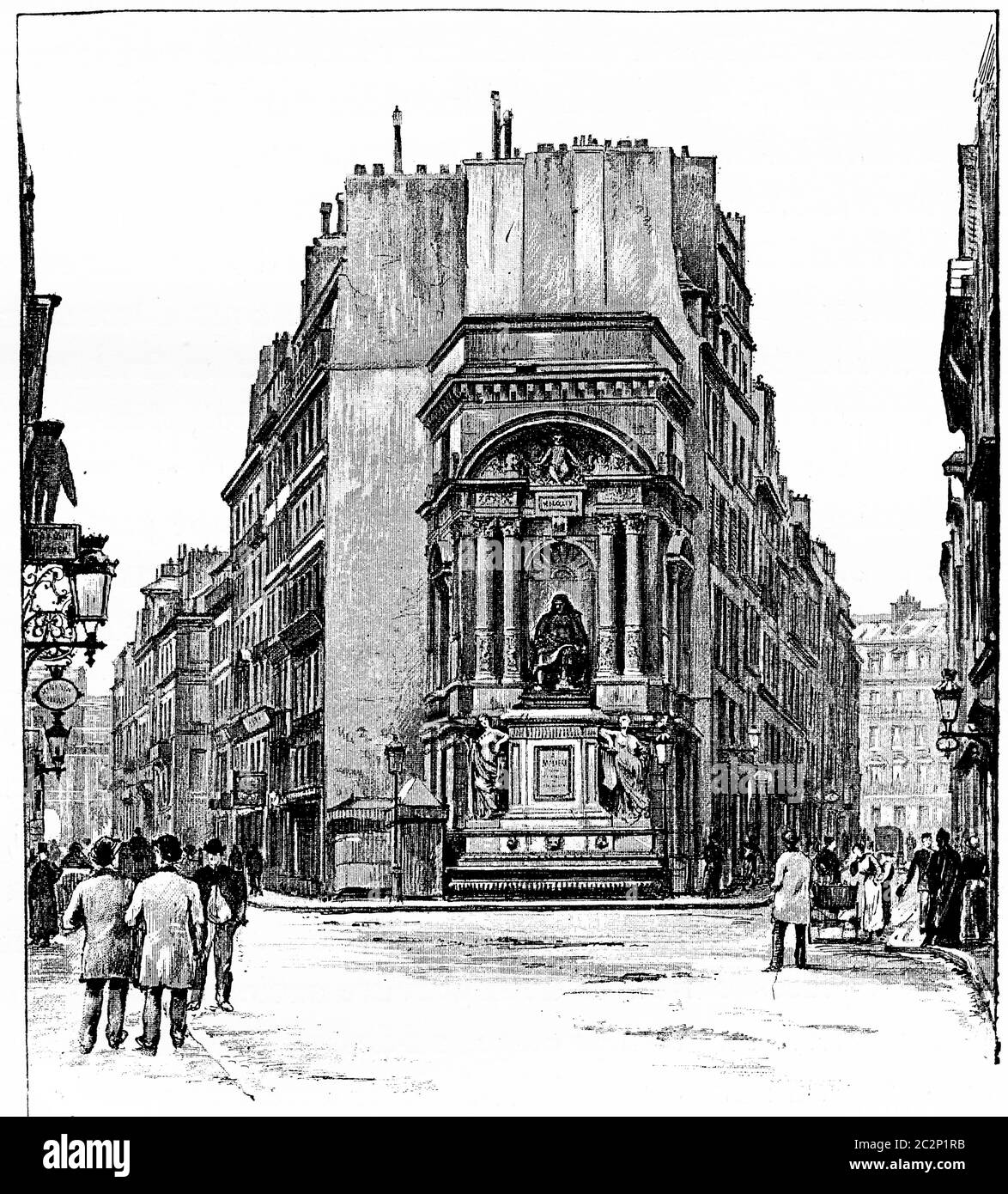 Fontana Moliere, illustrazione vintage incisa. Parigi - Auguste VITU – 1890. Foto Stock