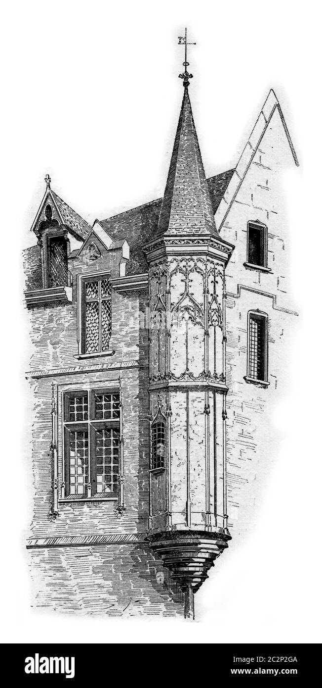 Torretta all'angolo di Vieille-du-Temple e Franks-Burgeois strade a Marais, Parigi, Francia. Incisione vintage. Foto Stock