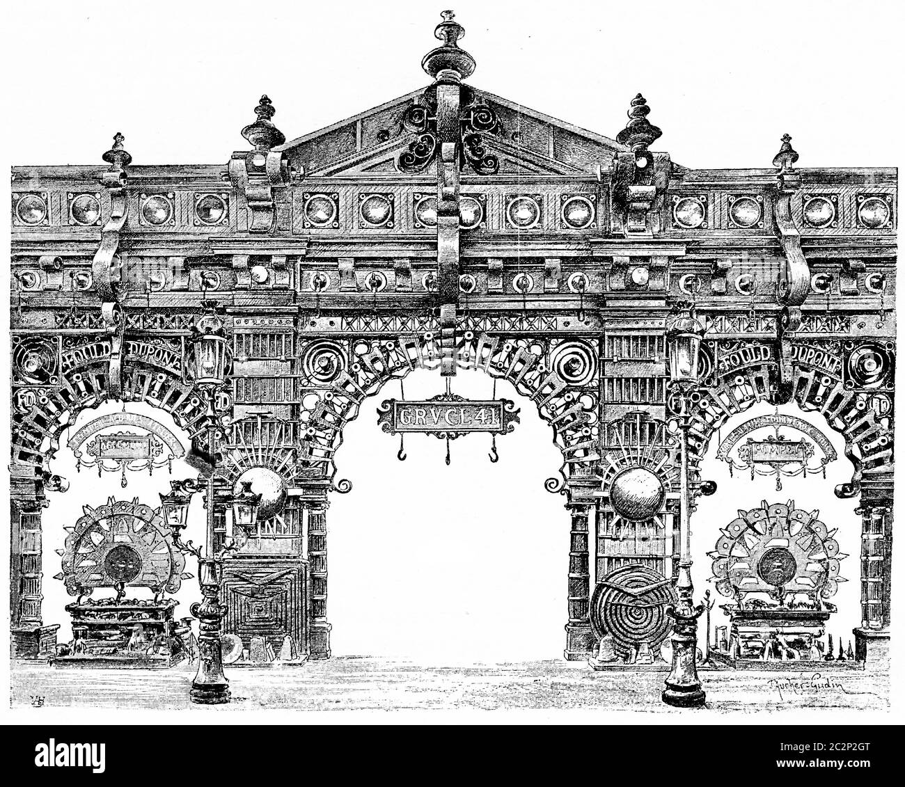 Porta decorativa di Metallurgia nella galleria centrale, illustrazione d'epoca incisa. Parigi - Auguste VITU – 1890 Foto Stock