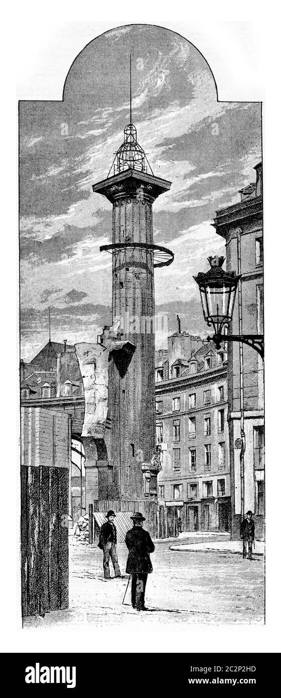Torre Ruggieri dopo la demolizione del mercato Halles a Parigi, Francia. Incisione vintage. Foto Stock