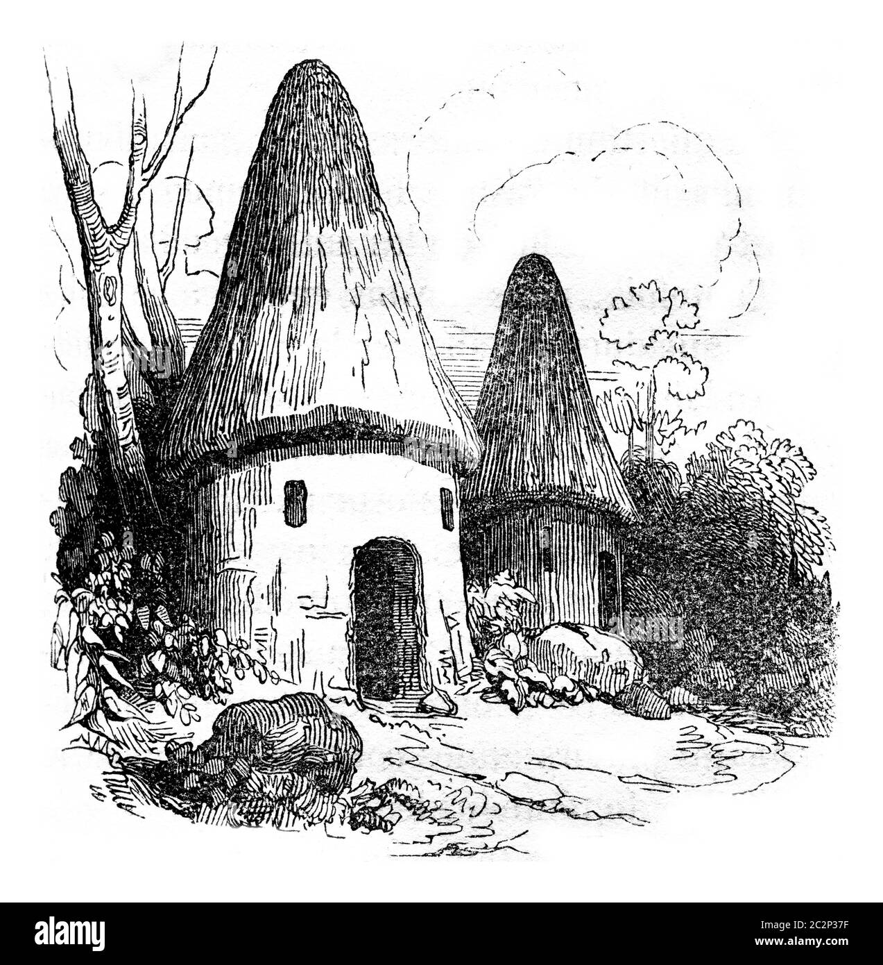 Abitazioni bretoni, illustrazione d'epoca incisa. Storia colorata dell'Inghilterra, 1837. Foto Stock