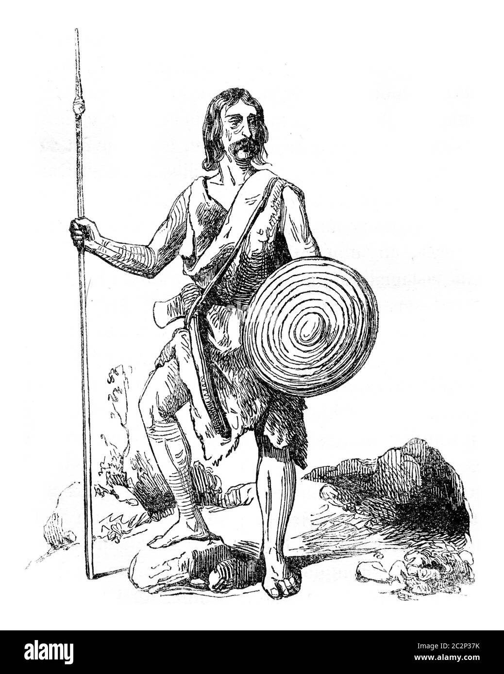 Bretone guerriero, illustrazione vintage incisa. Storia colorata dell'Inghilterra, 1837. Foto Stock