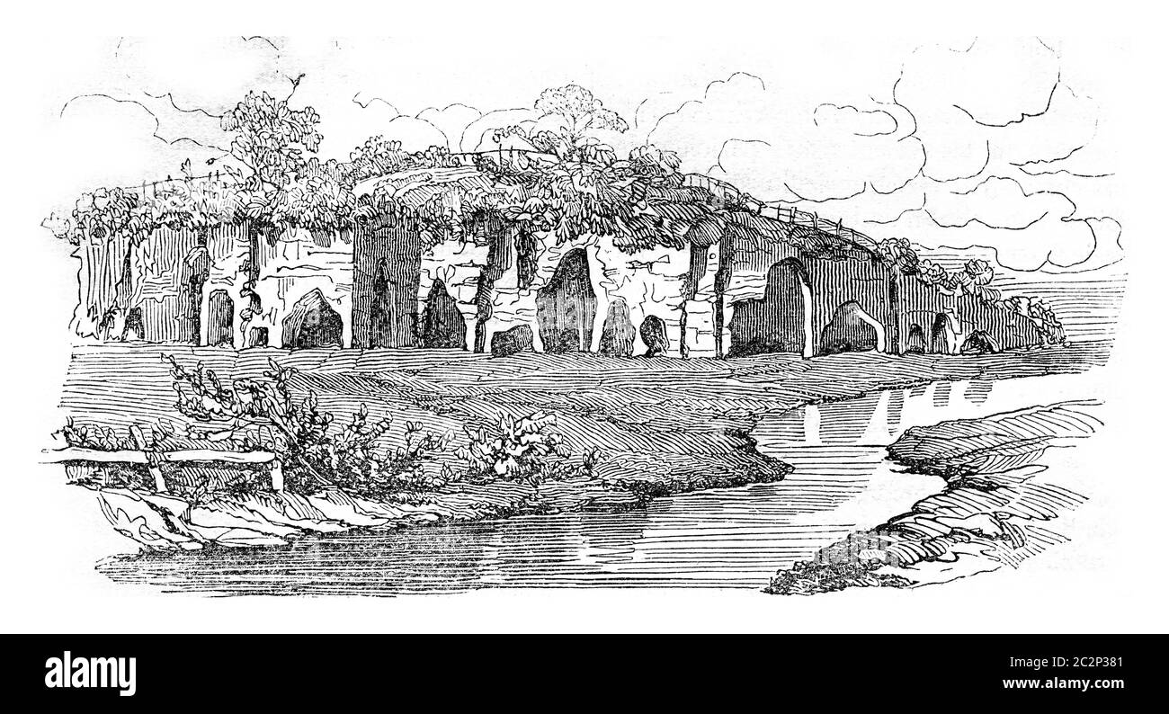 Rocce abitate da Breton, illustrazione d'epoca incisa. Storia colorata dell'Inghilterra, 1837. Foto Stock