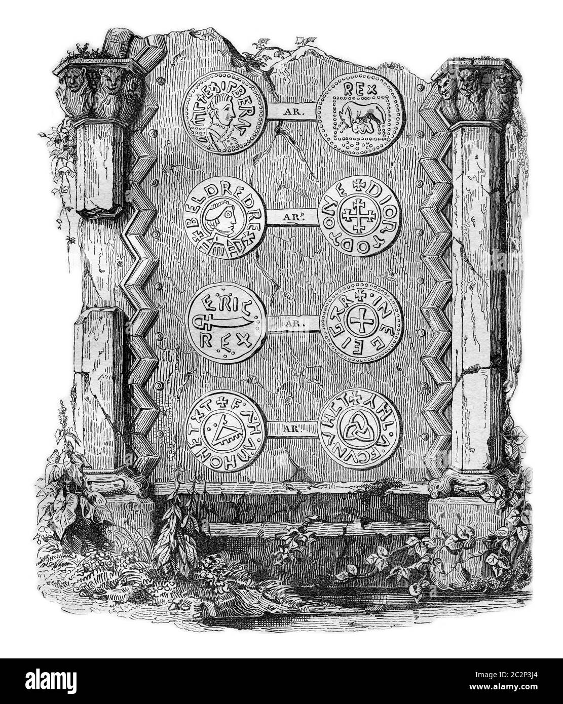 Frammenti architettonici e monete sassone, illustrazione d'epoca incisa. Storia colorata dell'Inghilterra, 1837. Foto Stock
