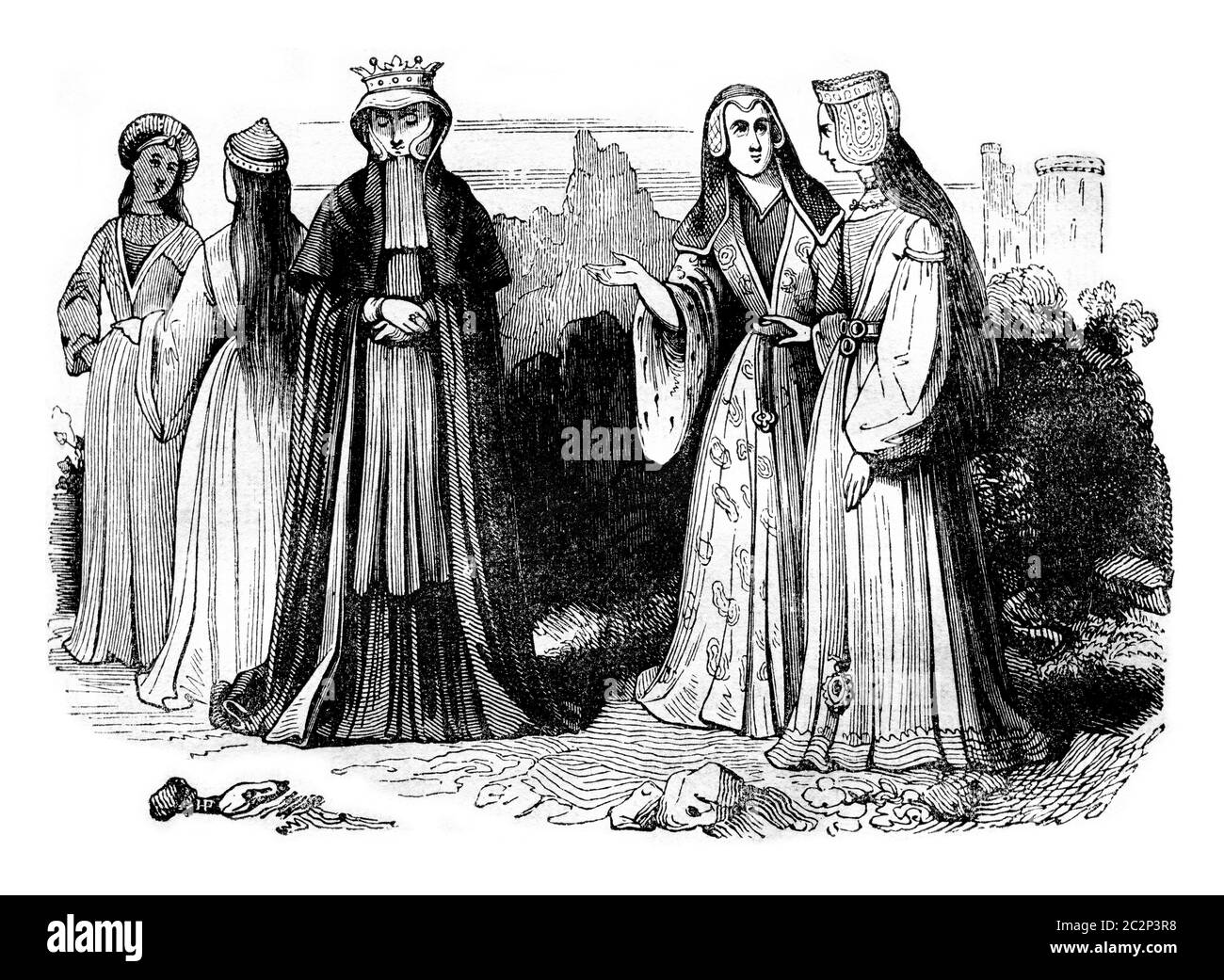 Costumi da donna nel regno di Enrico VII, illustrazione d'epoca incisa. Storia colorata dell'Inghilterra, 1837. Foto Stock