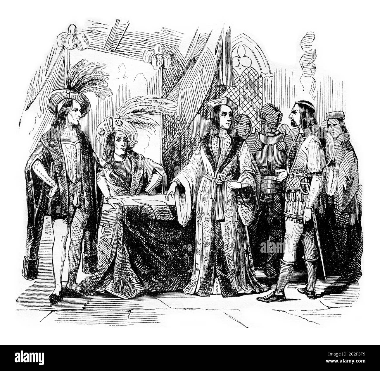 Costumi da uomo nel regno di Enrico VII, illustrazione d'epoca incisa. Storia colorata dell'Inghilterra, 1837. Foto Stock