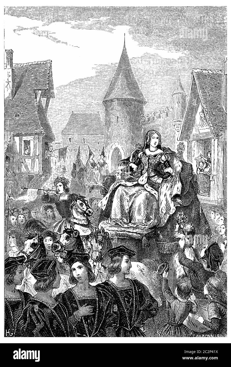 Ingresso di Anna di Bretagna a Lione, illustrazione d'annata incisa. Foto Stock