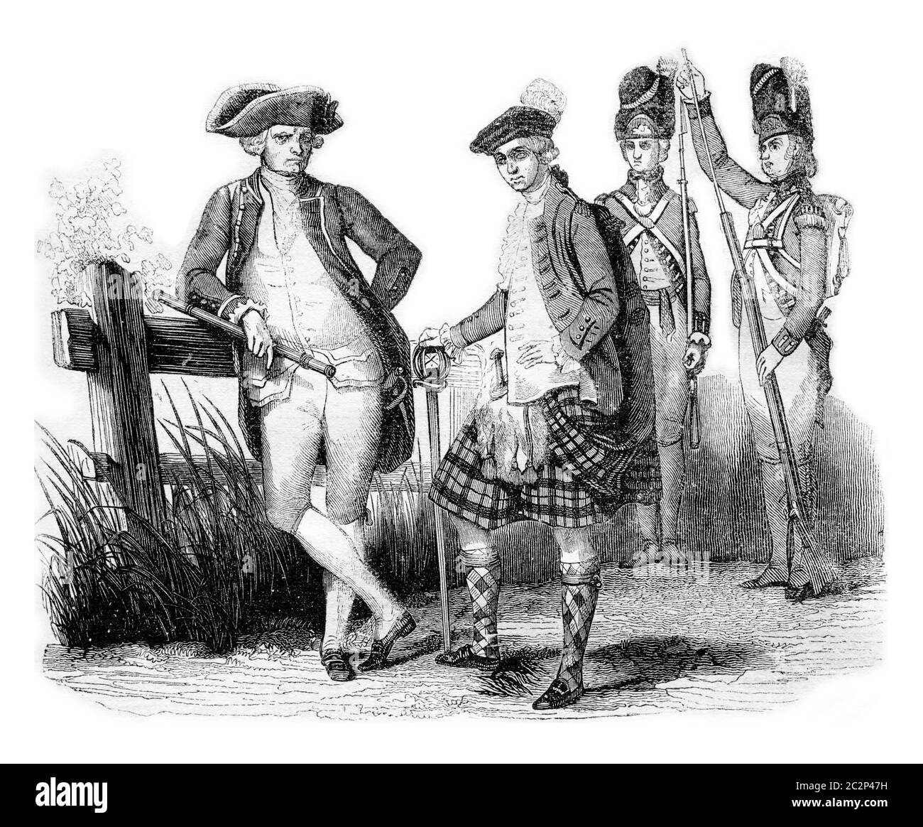 Costumi militari, illustrazione d'epoca incisa. Storia colorata dell'Inghilterra, 1837. Foto Stock