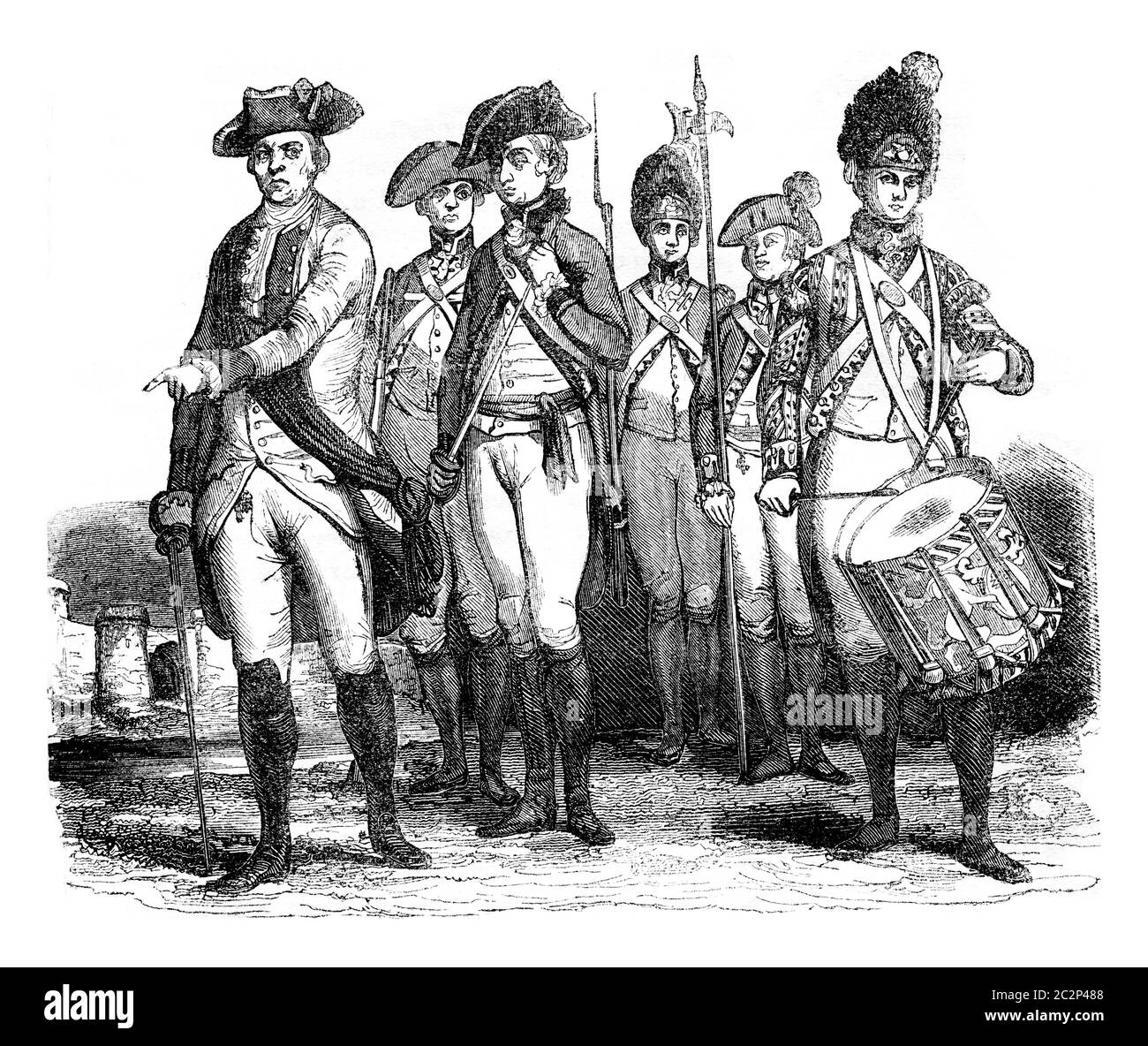 Costumi militari, Fanteria, illustrazione d'epoca incisa. Storia colorata dell'Inghilterra, 1837. Foto Stock