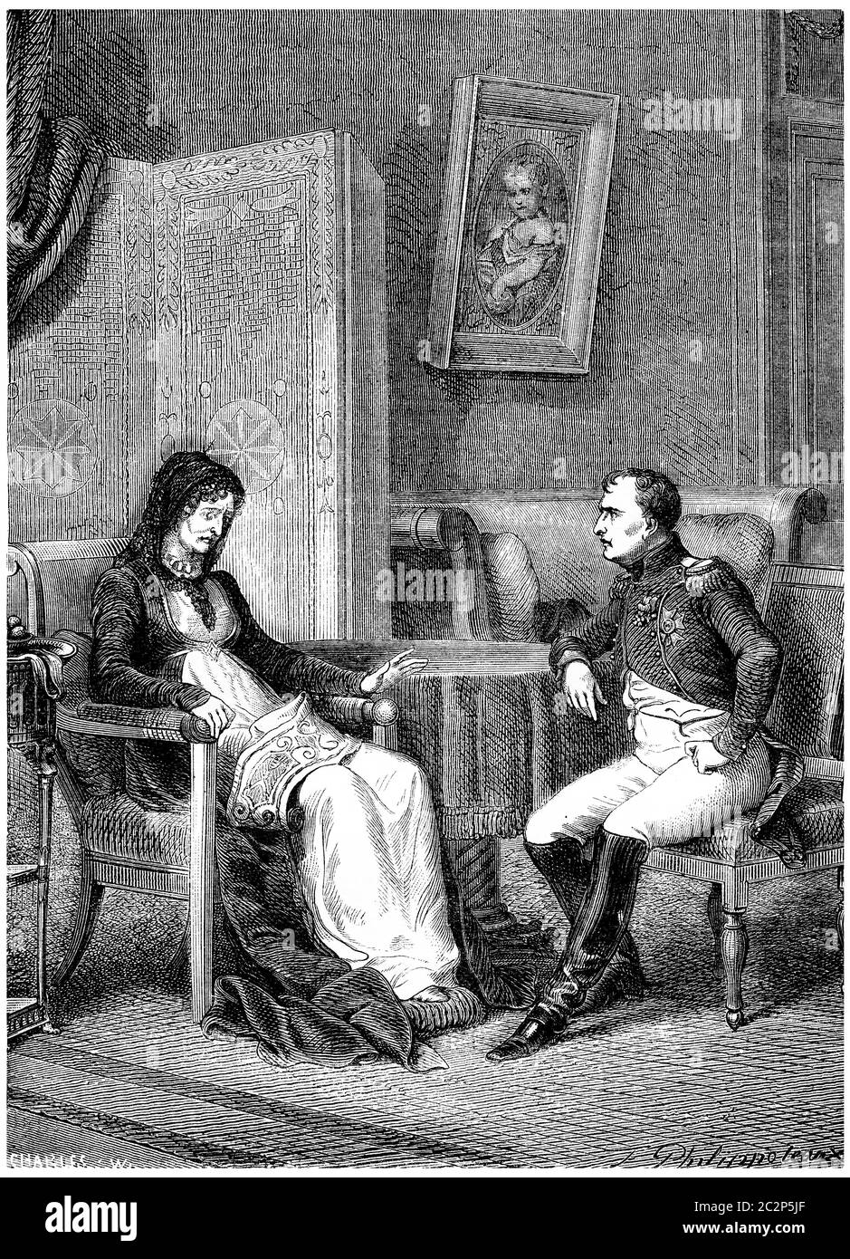 Napoleone guarda la madre prima di lasciare l'isola d'Elba, immagine d'epoca incisa. Storia della Francia – 1885. Foto Stock