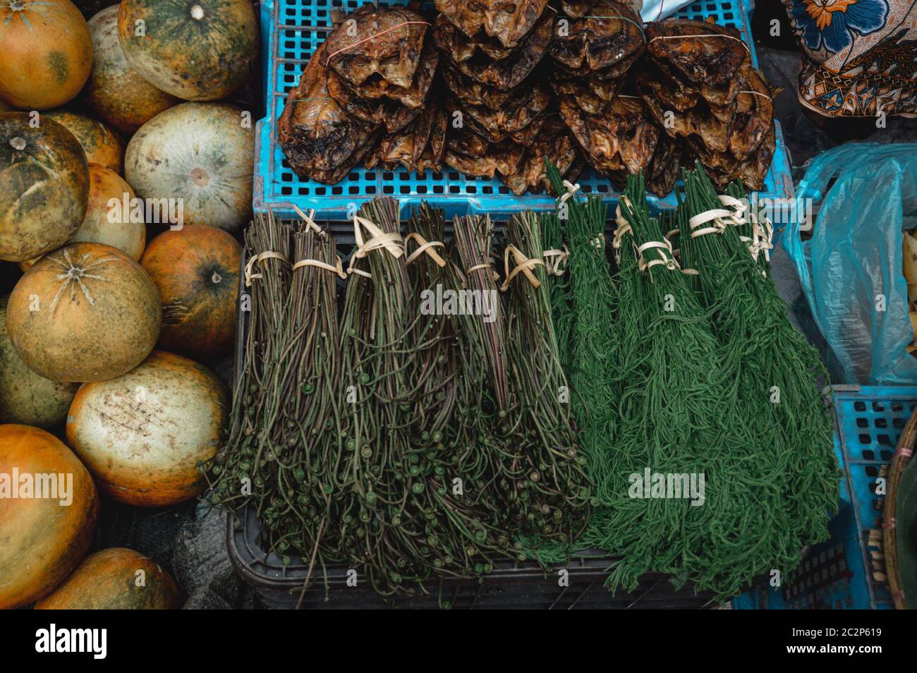 Felci commestibili venduti come verdure esotiche nel mercato mattutino di Luang Prabang in Laos che mostra la vita, la cultura e la vita della gente locale Foto Stock