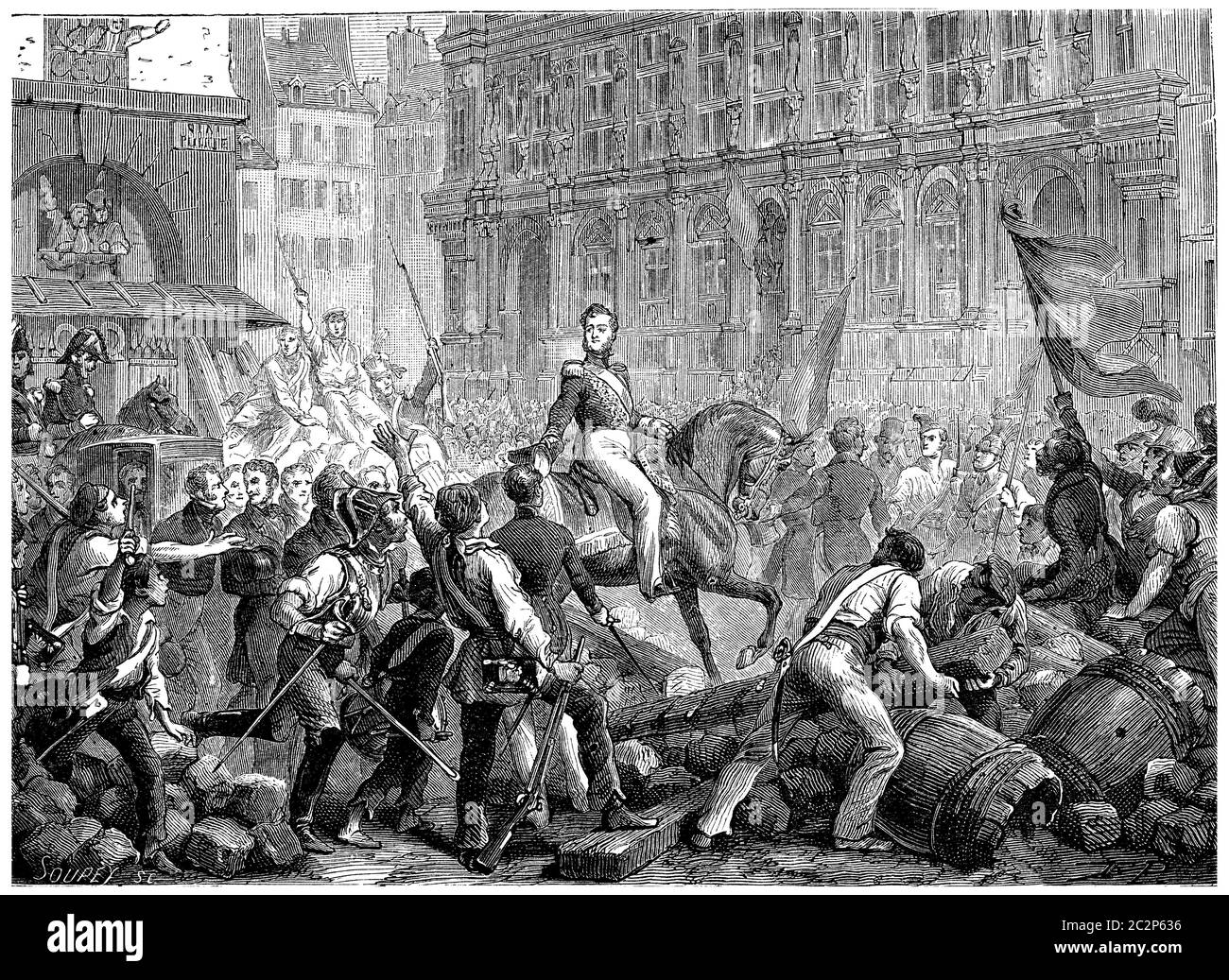 Arrivo del Duca di Orleans all'Hotel de Ville, illustrazione d'epoca incisa. Storia della Francia – 1885 Foto Stock