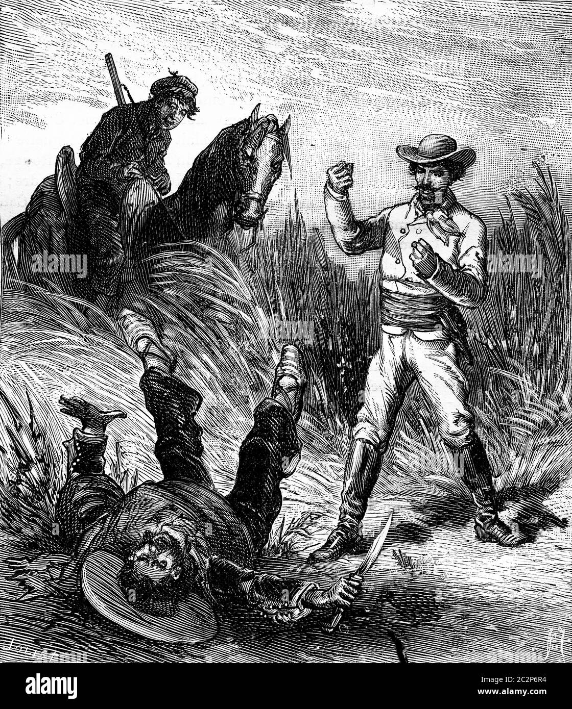 Banditi del mare. Il gaucho cadde sulla sua schiena, vintage illustrazioni incise. Journal des Voyages, viaggio ufficiale, (1879-80). Foto Stock