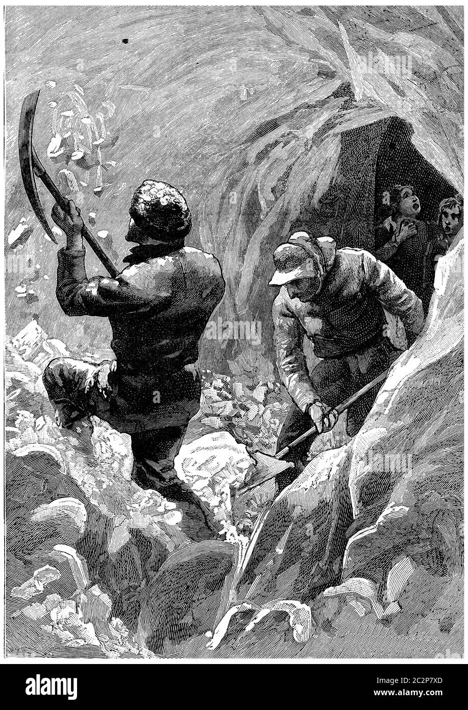 Scaviamo un secondo corridoio, illustrazione d'epoca incisa. Jules Verne Cesar Cascabel, 1890. Foto Stock
