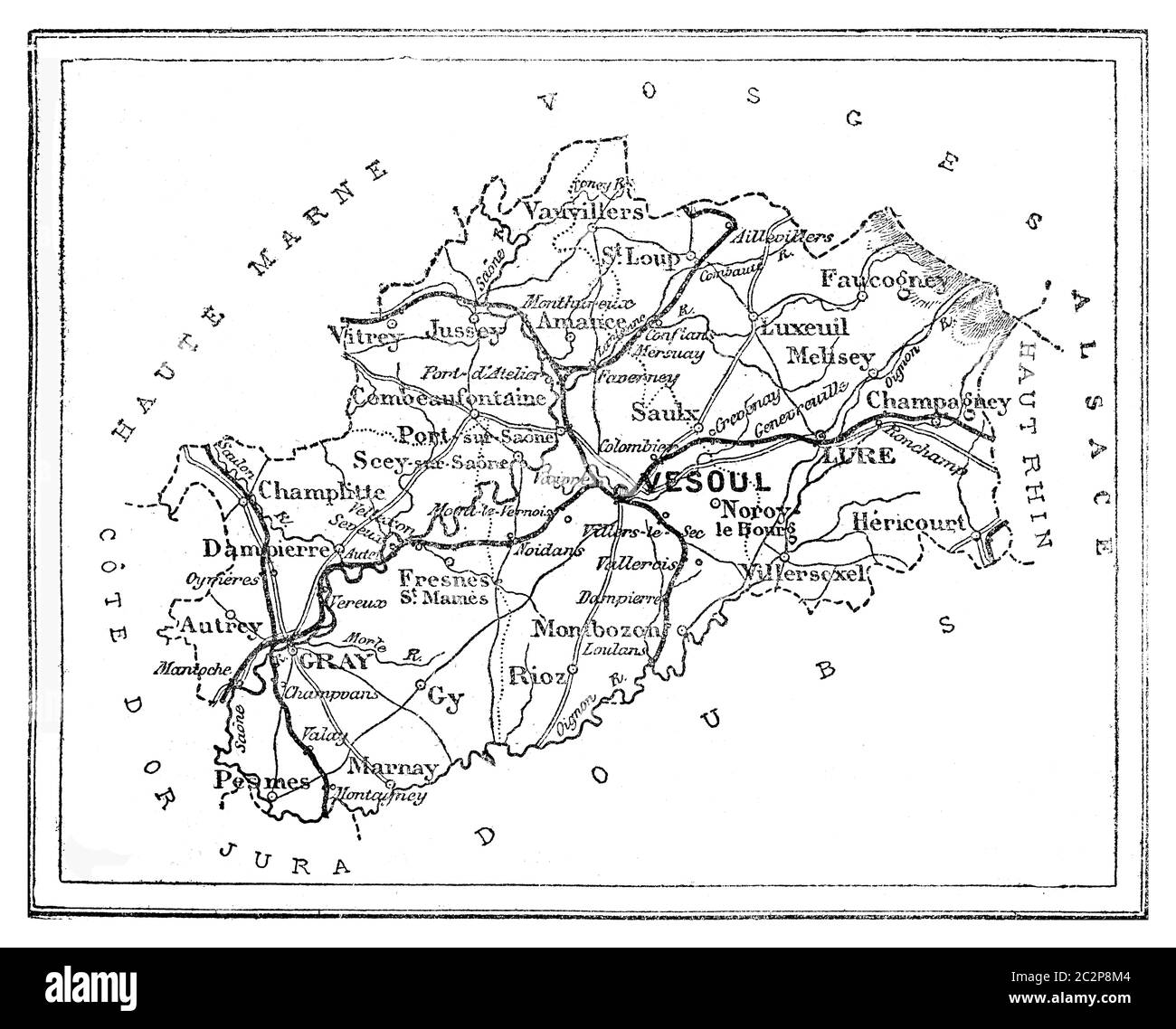 Mappa del dipartimento di Haute-Saône, illustrazione vintage incisa. Journal des Voyage, Travel Journal, (1880-81). Foto Stock