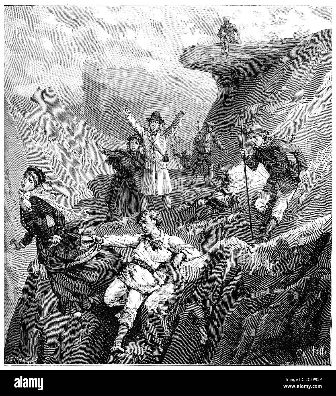 Il disastro del Monte della Croce, illustrazione d'epoca incisa. Journal des Voyage, Travel Journal, (1880-81). Foto Stock