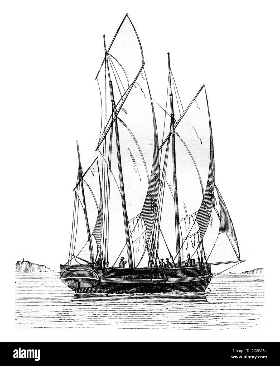 Lugger ampio raggio, visto dal quartiere tribordo, vintage inciso illustrazione. Magasin Pittoresque 1842. Foto Stock