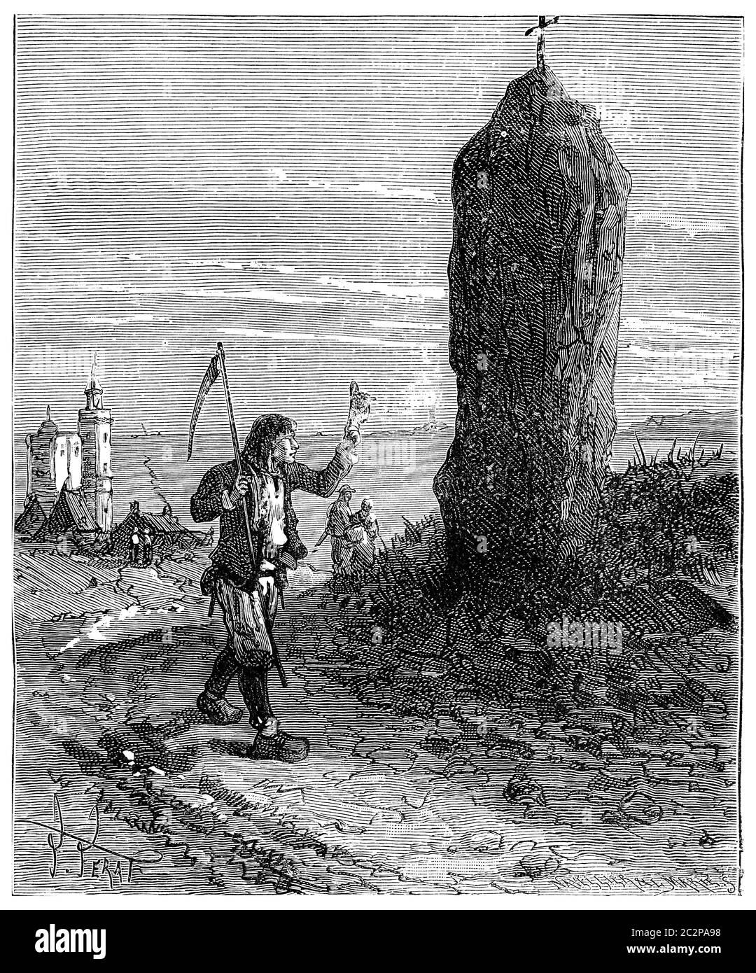 Il Tour de France un piccolo parigino, Menhir di Bretagna, illustrazione d'epoca incisa. Journal des Voyage, Travel Journal, (1880-81). Foto Stock