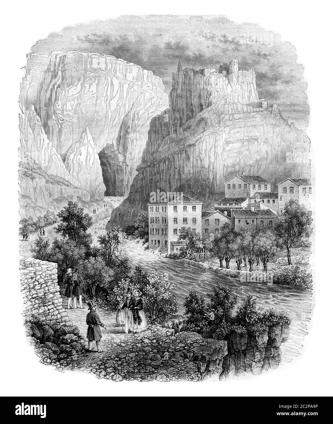 La fontana di Vaucluse, annata illustrazione incisa. Magasin Pittoresque 1842. Foto Stock