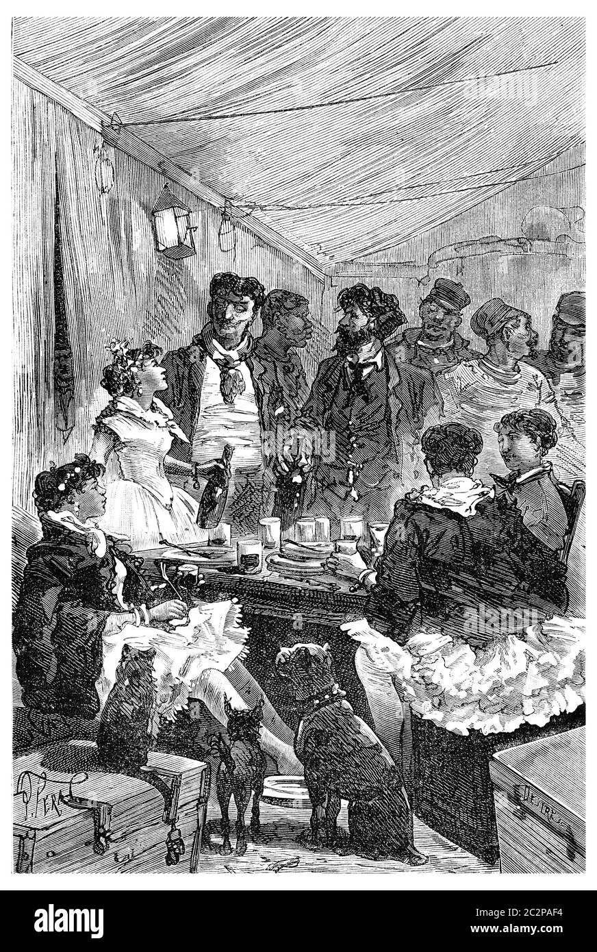 Erano seduti intorno ad un tavolo con donne in tights rosa e tutus, illustrazione d'epoca incisa. Journal des Voyage, Travel Journal, (1880-81). Foto Stock