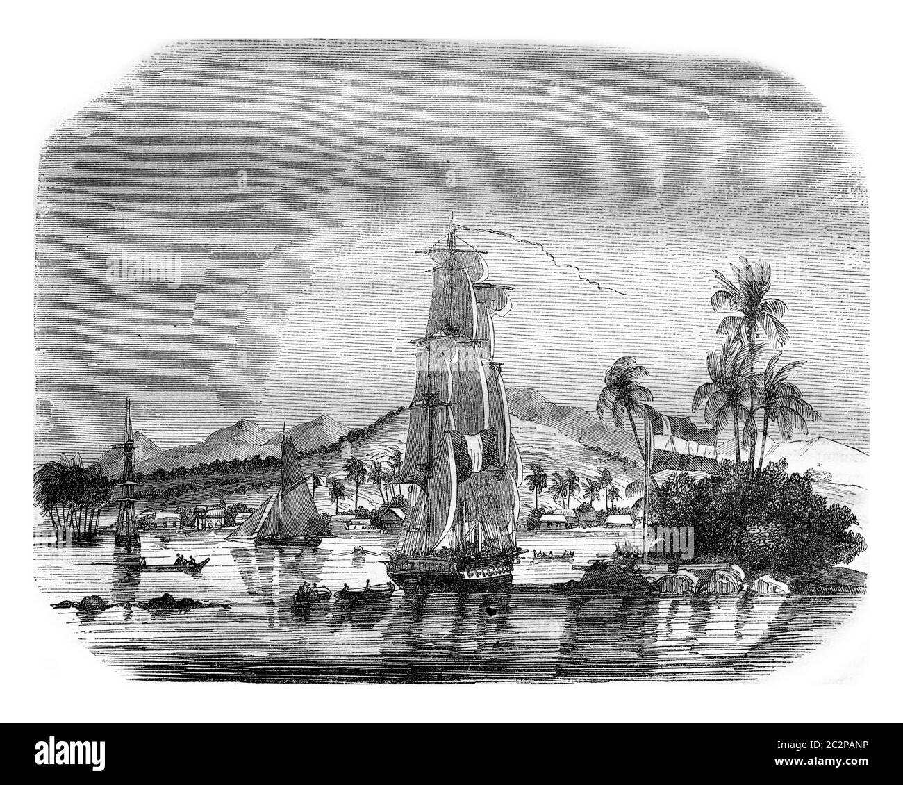 Vista della baia di Papeete e l'isola della Regina, illustrazione d'epoca incisa. Magasin Pittoresque 1843. Foto Stock